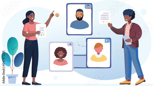 Illustration of two people reviewing candidate profiles with plant and light blue background design element
