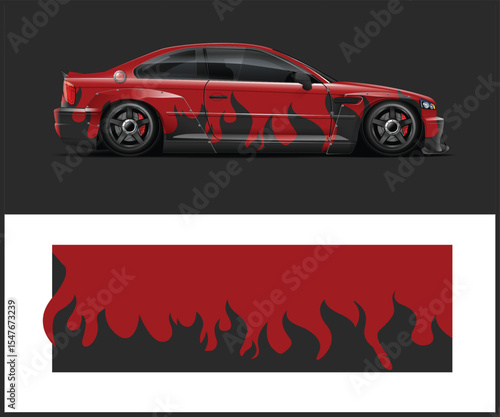 Sleek Racing Van Wrap Design with Checkered Flag and Red Accents