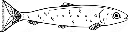 Minimal sardine fish sketch in casual cartoon style for canned food packaging menu icons seafood marketplaces and retro culinary branding
