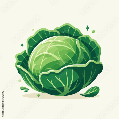 Bright, cartoonish depiction of a whole head of cabbage with prominent, detailed leaves, set against a light background.  The image is visually appealing and inviting.