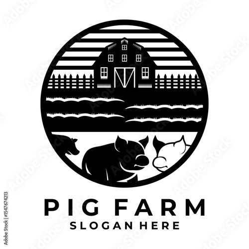 Vintage farm logo design vector. Farm label logo design. Pig farm circle logo