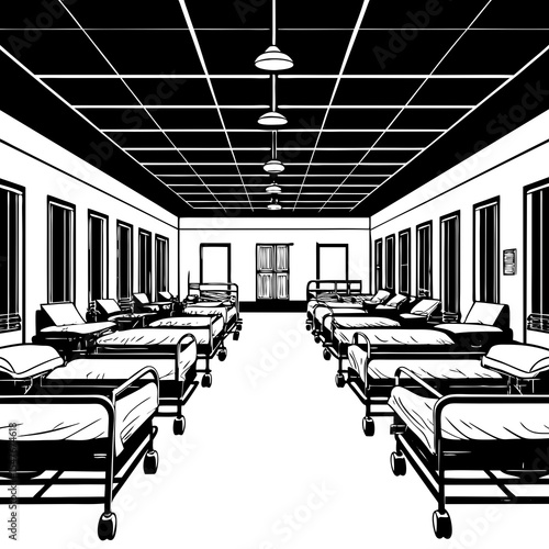 Empty hospital ward with beds and medical equipment in black and white
