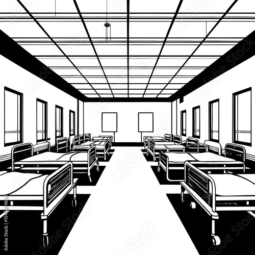 Empty hospital ward with beds in black and white illustration