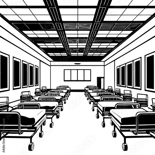 Empty hospital ward with beds and windows in black and white
