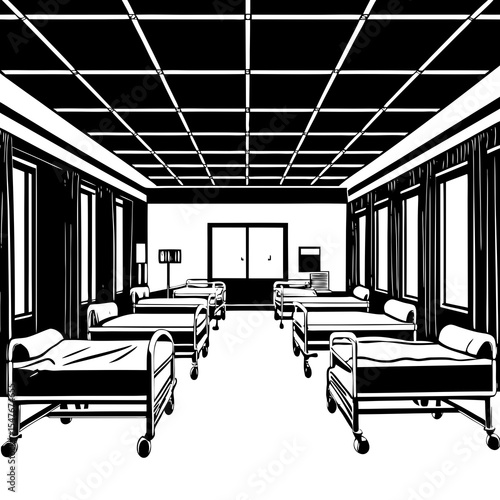 Empty hospital ward with beds and windows in black and white