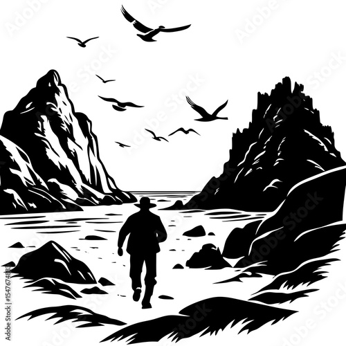 Hiker with backpack walking on rocky coast with birds flying above