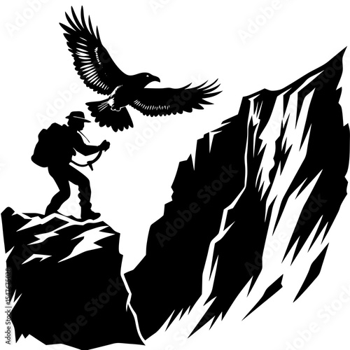 Eagle flies above hiker climbing a rocky mountain in silhouette