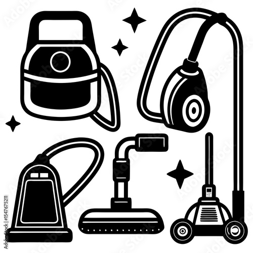 Collection of vacuum cleaner silhouettes isolated on white background