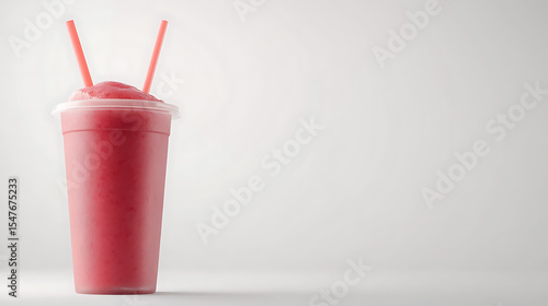 A refreshing pink smoothie in a clear plastic cup with two straws against a white background space