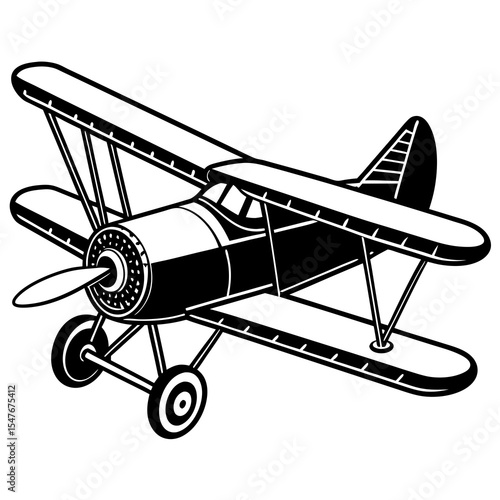 Vintage biplane airplane isolated on white background in black and white