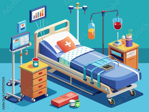 vector of The bed is equipped with devices that are used to care for the patient who is in bed.