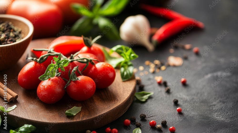 Fresh cherry tomatoes and chili peppers on rustic board for organic food product branding photography culinary ingredients Fresh cherry tomatoes and chili peppers on rustic board for organic food product branding photography culinary ingredients