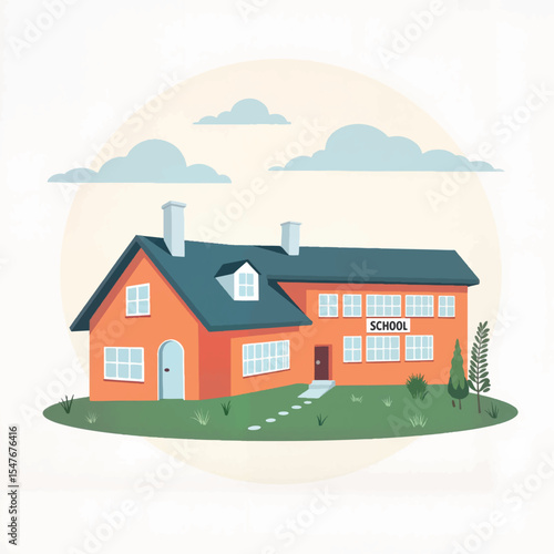 Colorful school building illustration on white background, educational concepts