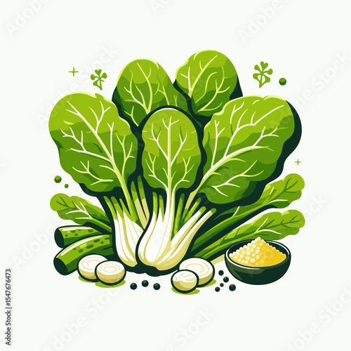 Digital illustration features a collection of green leafy vegetables, including bok choy, and accompanying elements like pepper, presented in a vibrant design style.