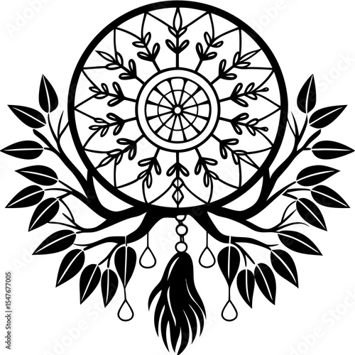 Dreamcatcher with leaves and tassel isolated on white background
