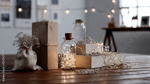 Wallpaper Mural Rustic wood table with decorative bottles and paper packages for eco product branding photography handmade natural craft Torontodigital.ca