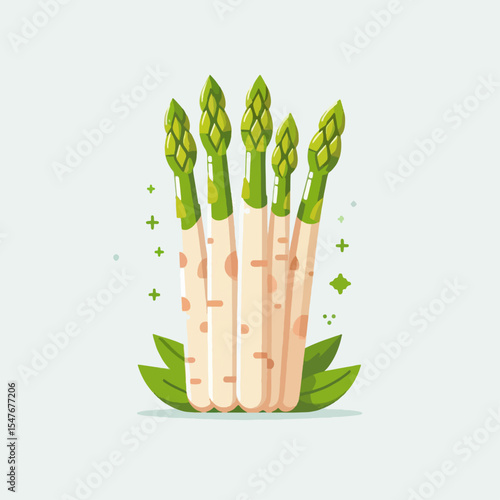 Digital graphic of a bunch of asparagus, depicted in a bright, simple style with vibrant colors against a pale background.  The asparagus stalks are a creamy white, topped with bright green tips.