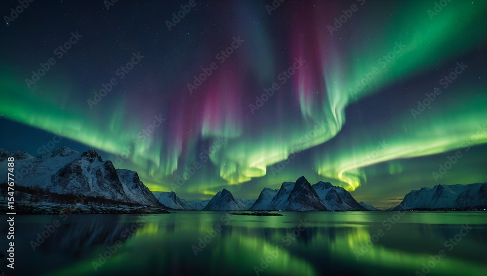Naklejka premium Aurora Borealis: Northern Lights Over Snowy Landscape