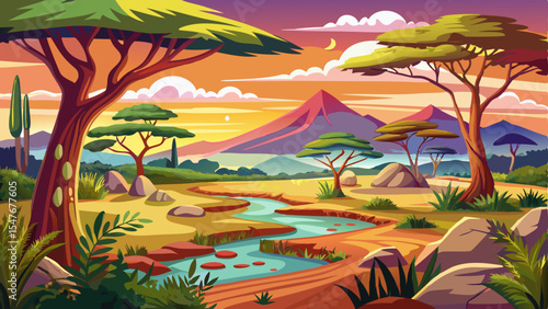 Cartoon savanna scene with trees, a stream, red mountains and a vibrant sunset sky in the background