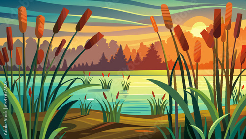Cartoon wetland scene with cattails and grass by a lake at sunset, with reflections and forest in the background