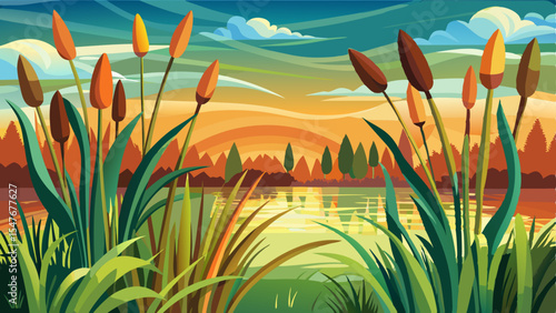 Cartoon landscape with cattails by a calm lake reflecting a colorful sunset sky and distant trees