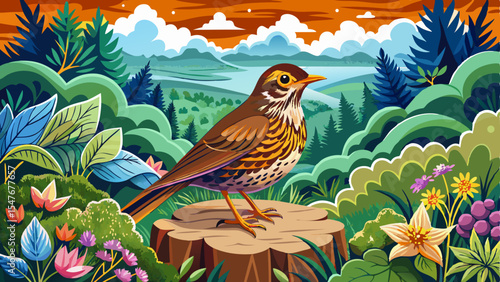 Cartoon bird perched on a tree stump surrounded by flowers and vibrant greenery with a scenic landscape in the background