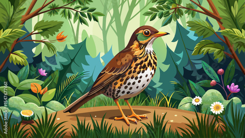 Cartoon bird with spotted chest standing in a lush green forest surrounded by plants and flowers