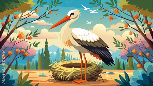 Cartoon stork standing beside its nest in a colorful forest clearing with flying birds and mountains in the background
