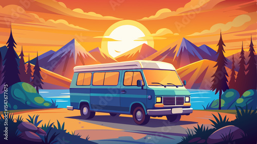 Cartoon camper van parked by a lake with mountains and pine trees under a vibrant sunset sky