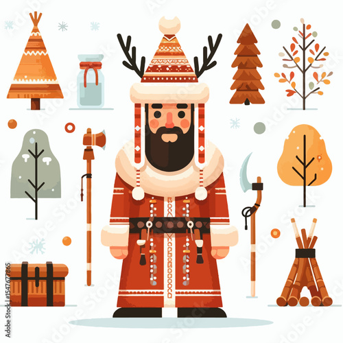 Flat design illustration showcases a man in traditional winter attire, surrounded by wintery forest elements and various accessories.