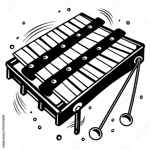 Black and white xylophone with mallets isolated on white background
