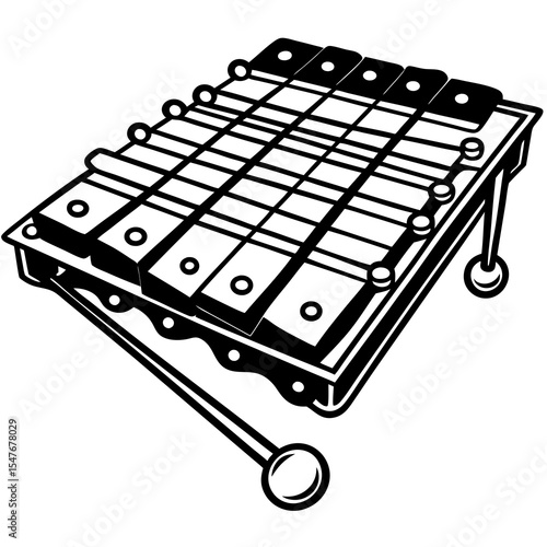Black and white xylophone with mallet isolated on white background
