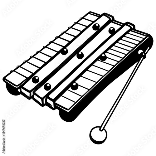 Black and white xylophone with mallet isolated on white background