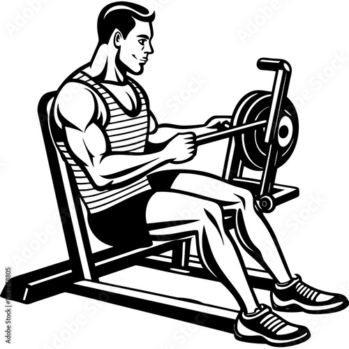 Man exercising with weightlifting machine isolated on white background