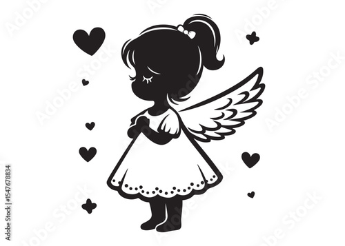 children angel little girl with wings of silhouette vector, silhouette angel girl with wings, children angel little girl logo design on a white background.