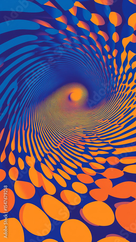 A blue and orange circular pattern with many circles of varying sizes creates the illusion of movement in the background. The movement or fluidity, as if you see everything spinning around each other 