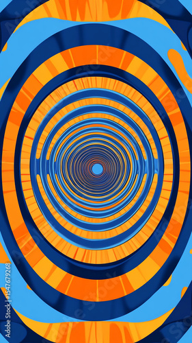 A blue and orange circular pattern with many circles of varying sizes creates the illusion of movement in the background. The movement or fluidity, as if you see everything spinning around each other 