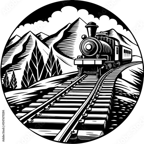 Steam train on tracks through a mountain landscape with trees