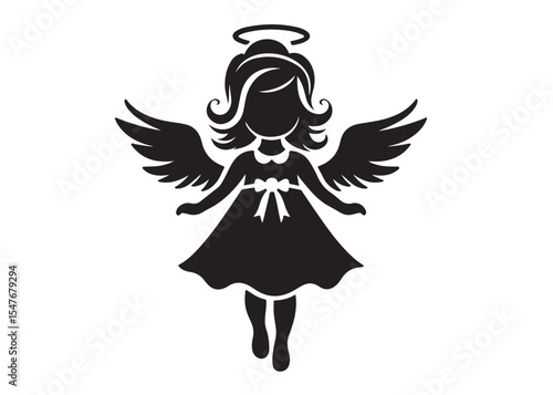 children angel little girl with wings of silhouette vector, silhouette angel girl with wings, children angel little girl logo design on a white background.