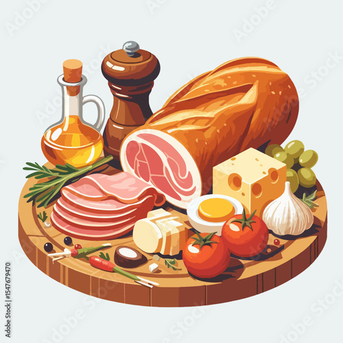 Vibrant, illustrative presentation of cured meats, cheeses, bread, vegetables, and spices on a circular wooden platter.