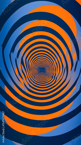 A blue and orange circular pattern with many circles of varying sizes creates the illusion of movement in the background. The movement or fluidity, as if you see everything spinning around each other 