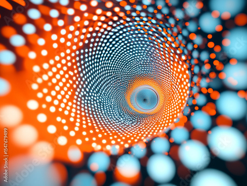 A blue and orange circular pattern with many circles of varying sizes creates the illusion of movement in the background. The movement or fluidity, as if you see everything spinning around each other 