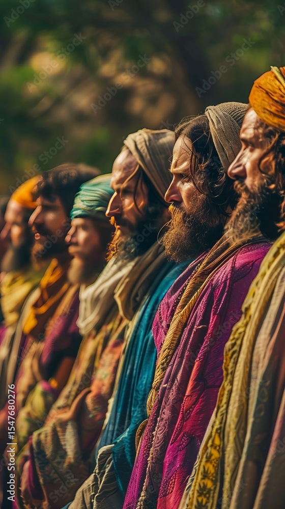 Naklejka premium Jesus and the Pharisees in dispute, a row of people dressed in colorful tunics