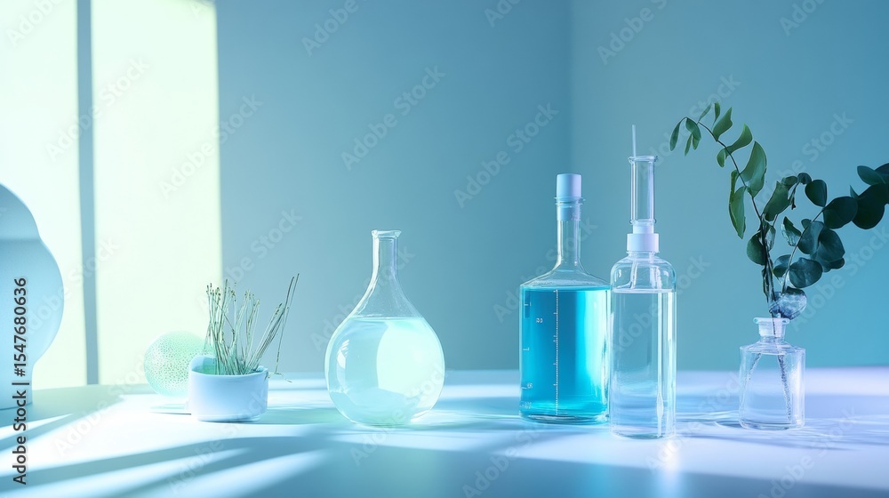 Glass laboratory flasks and liquid solutions in blue light for science branding chemistry photography experimental clean concept Glass laboratory flasks and liquid solutions in blue light for science branding chemistry photography experimental clean concept