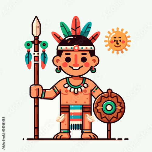 Stylized cartoon illustration of a smiling indigenous boy, holding a spear and a shield, wearing tribal attire, set against a light background.  He is depicted in a friendly and approachable manner.