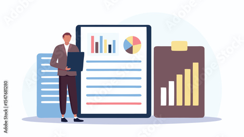 Illustration of a man holding a folder next to a chart with bar graph and pie chart and a clipboard chart