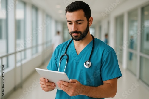 Male Doctor Using Digital Tablet in Modern Hospital Corridor