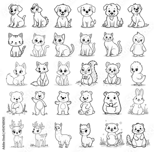 A large collection of cute cartoon animals for a children's coloring book