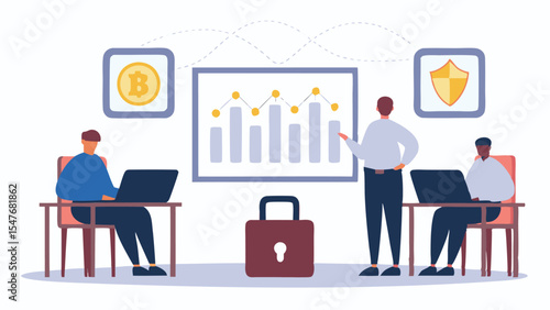 People working on laptops with bitcoin, security shield, chart and padlock in a secure environment