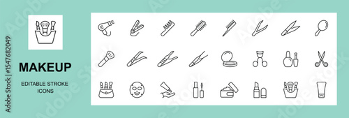 makeup icons set with mirror, nail polish, wax, razor and so on. lipstick, mascara, pencil, face foundation, primer, lip gloss, powder, liner, eyeshadow, brushes ,Editable strokes, Vector Illustration